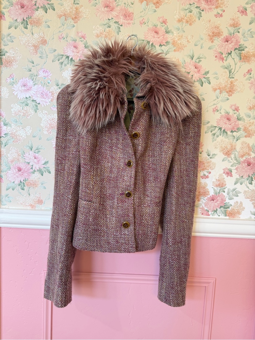 Y2K Women's Pink Tweed Jacket with Faux Fur Collar